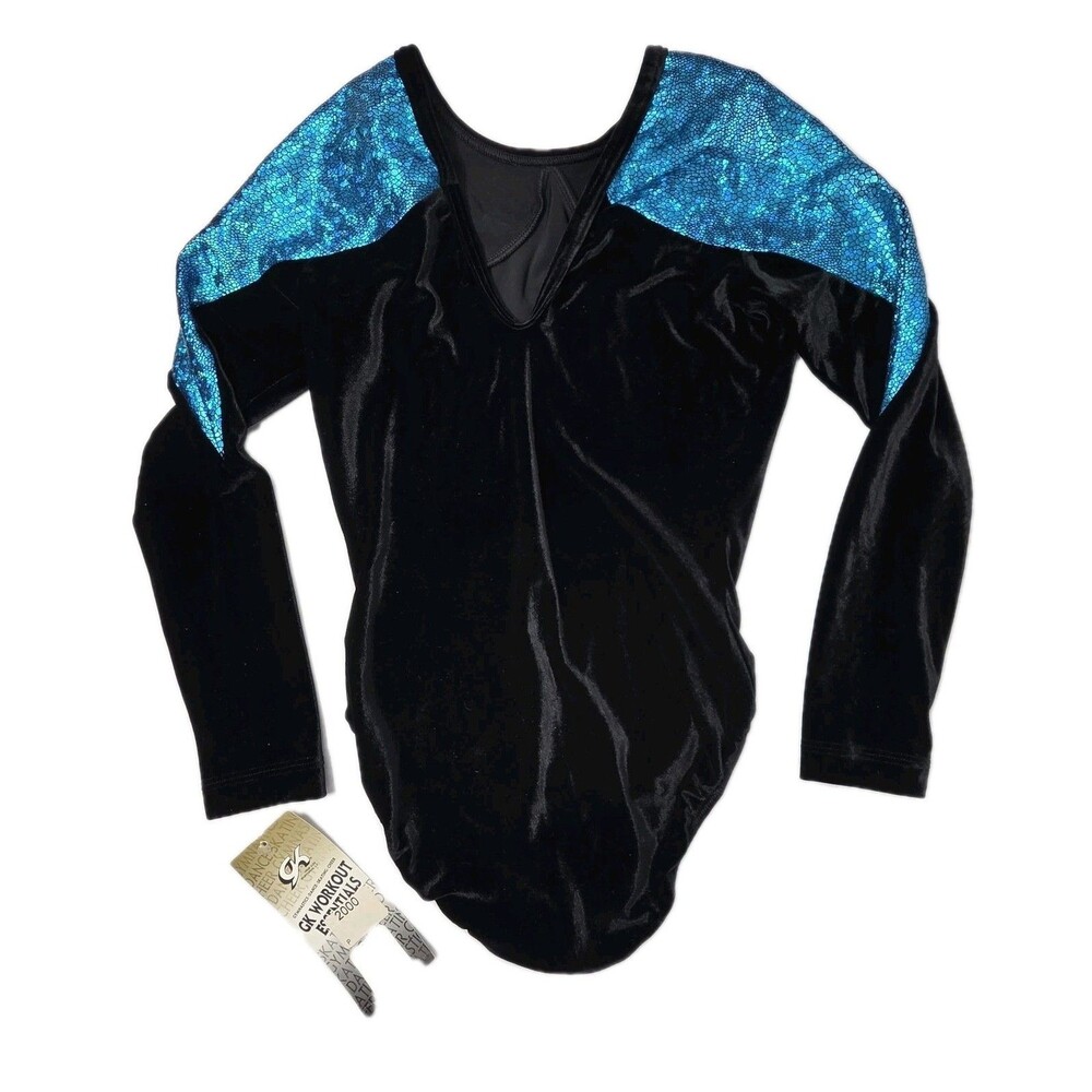GK Elite VTG Torquoise Reflective Metallic Velvet LS Open Back Leotard Black AM - Picture 6 of 10